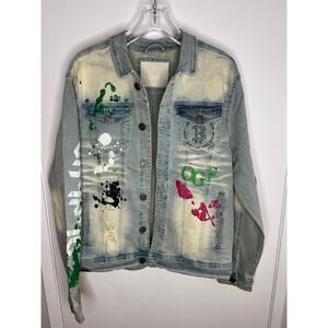 Original Fables Crypto Artwork Denim Jacket Bling Distressed NEW ~ Size L